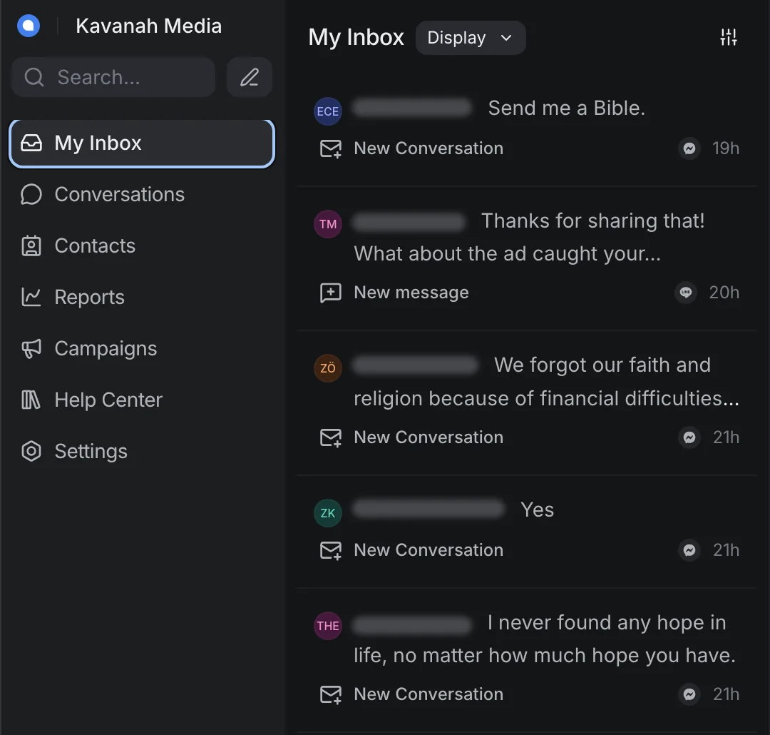 The Kavanah Chat inbox: new Messenger and LINE conversations from people asking for a Bible or sharing what they are going through, each waiting for a team member to answer